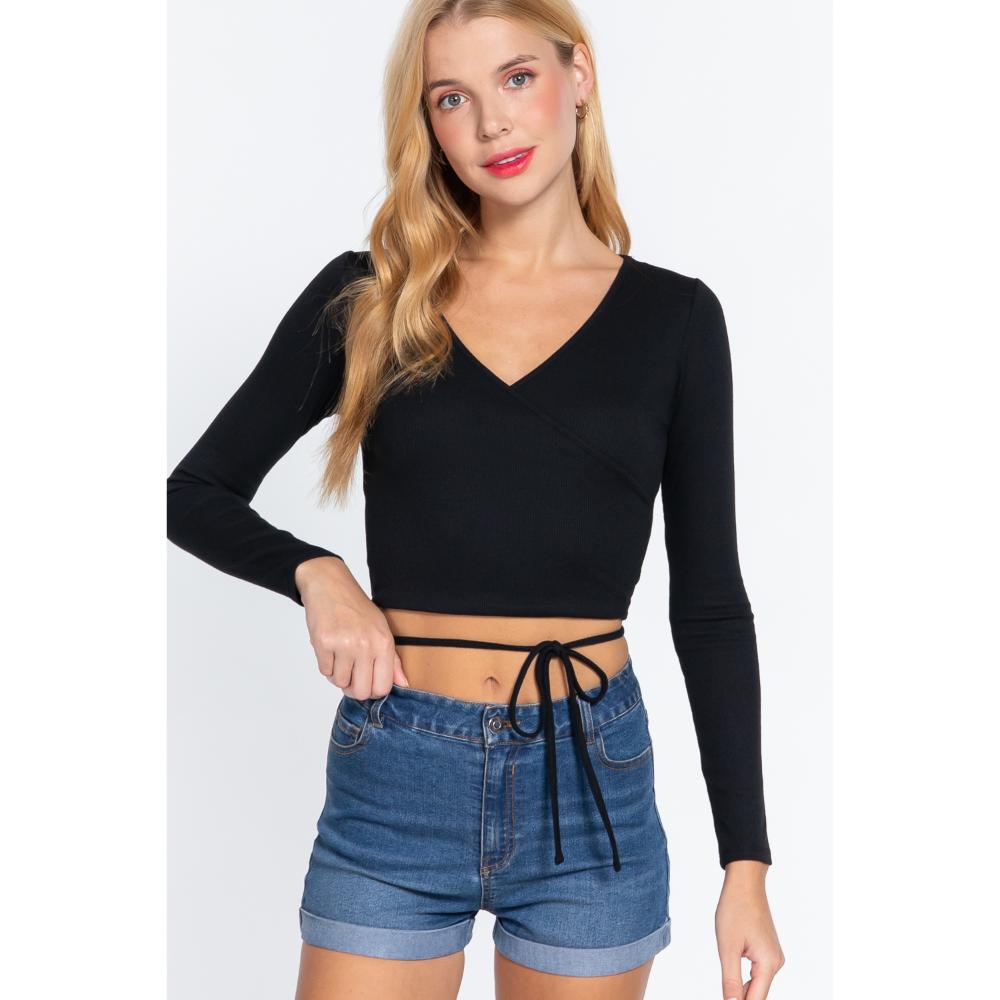 

Длинный топ с запахом и рубчиком Slv Surplice FASHNZFAB, черный