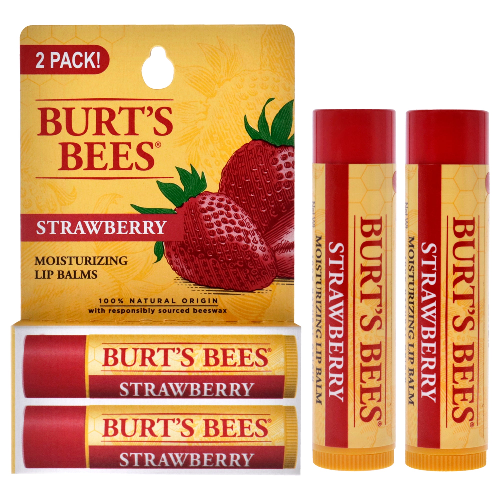 

Увлажняющий бальзам для губ со вкусом клубники от Burts Bees, набор из двух штук, подходит как мужчинам, так и женщинам - 2 бальзама по 0,15 унции, прозрачный