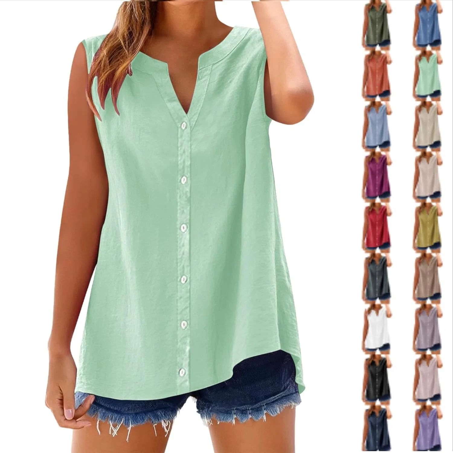 Женский топ-безрукавка из хлопка и льна, Mint Green, S-5XL