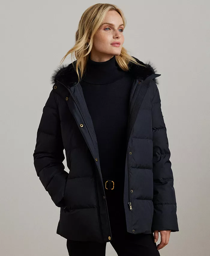 

Женское стеганое пальто с капюшоном из искусственного меха Lauren Ralph Lauren, синий