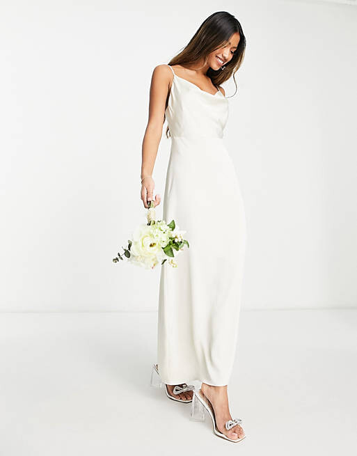 

Кремовое атласное платье макси на бретельках с воротником-хомутом Vila Bridal, Бежевый, Кремовое атласное платье макси на бретельках с воротником-хомутом Vila Bridal