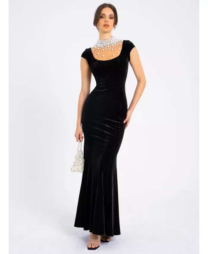 

Женское платье Rachel Black из черного бархата с жемчужными украшениями Miss Circle