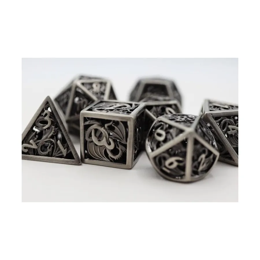 

Полый поли-набор — дракон, серебро (7), Dice Sets - Metal - Hollow