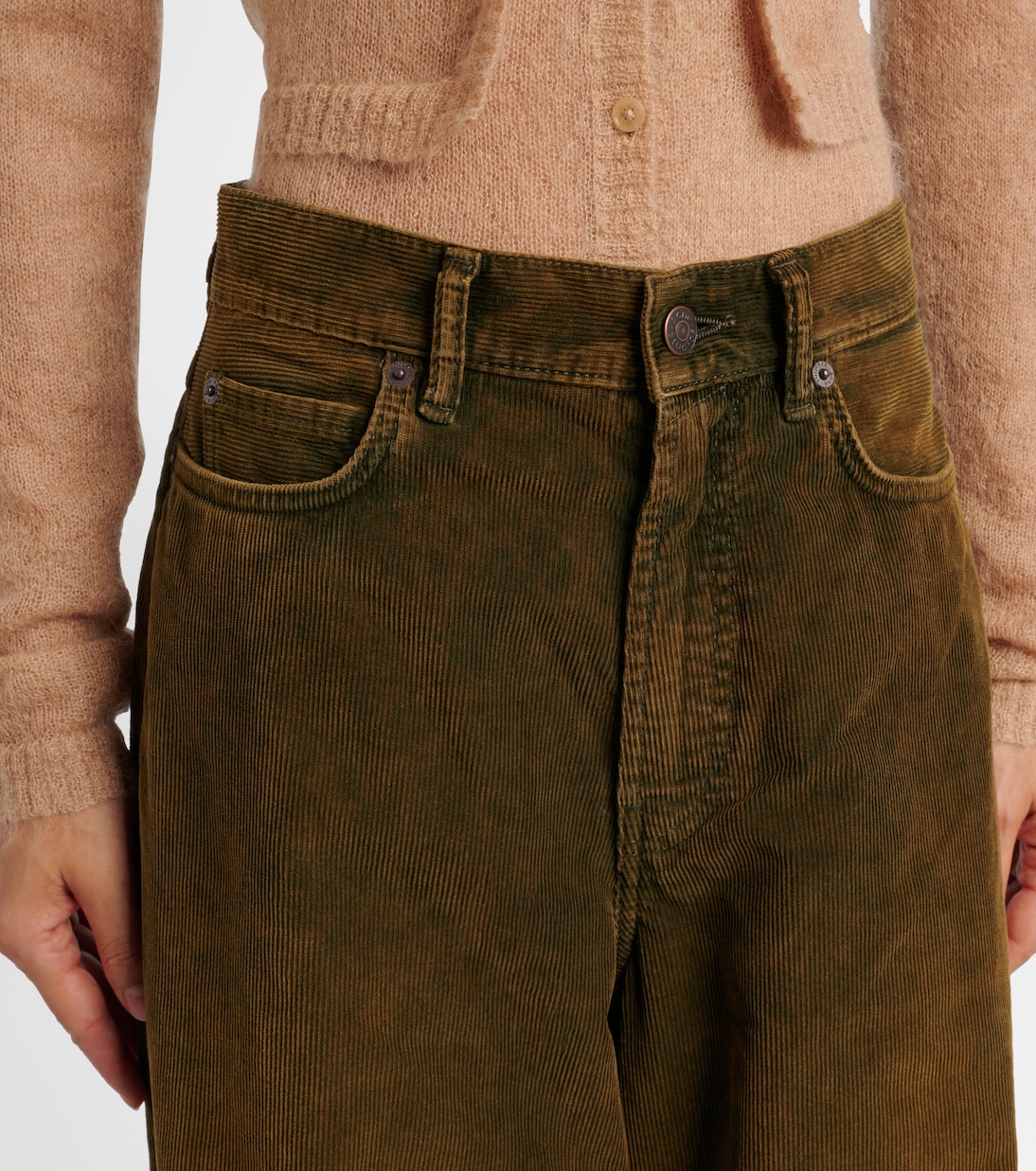 Брюки широкие из хлопкового вельвета со средней посадкой Acne Studios, Olive Green — фото 4