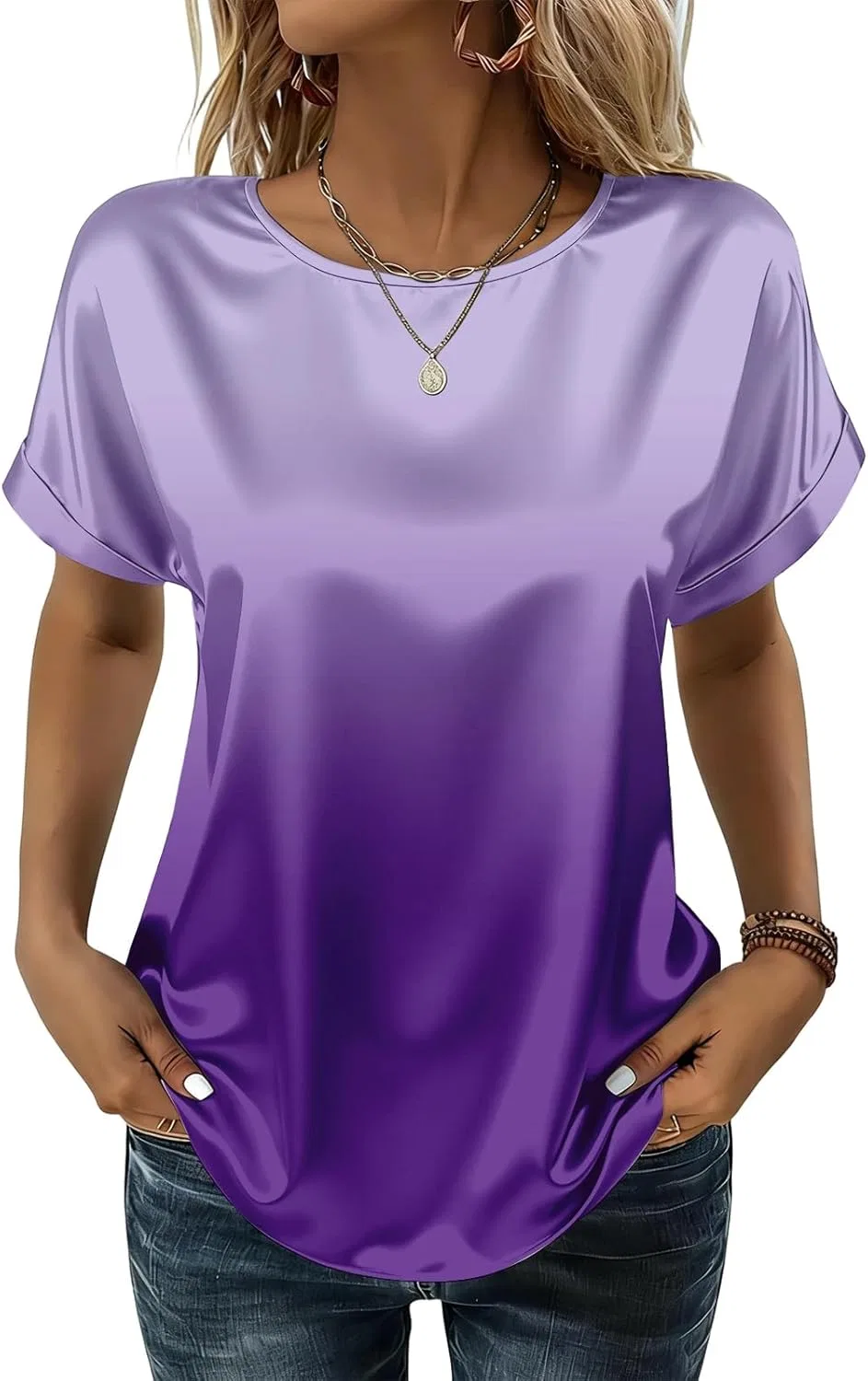 Женская блуза из сатина, короткий рукав, круглый вырез, свободный крой, 1-purple