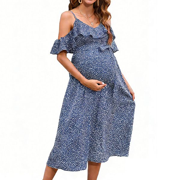 

Женское платье миди с V-образным вырезом, холодным плечом и рюшами для душа Clearflower, Blue Floral