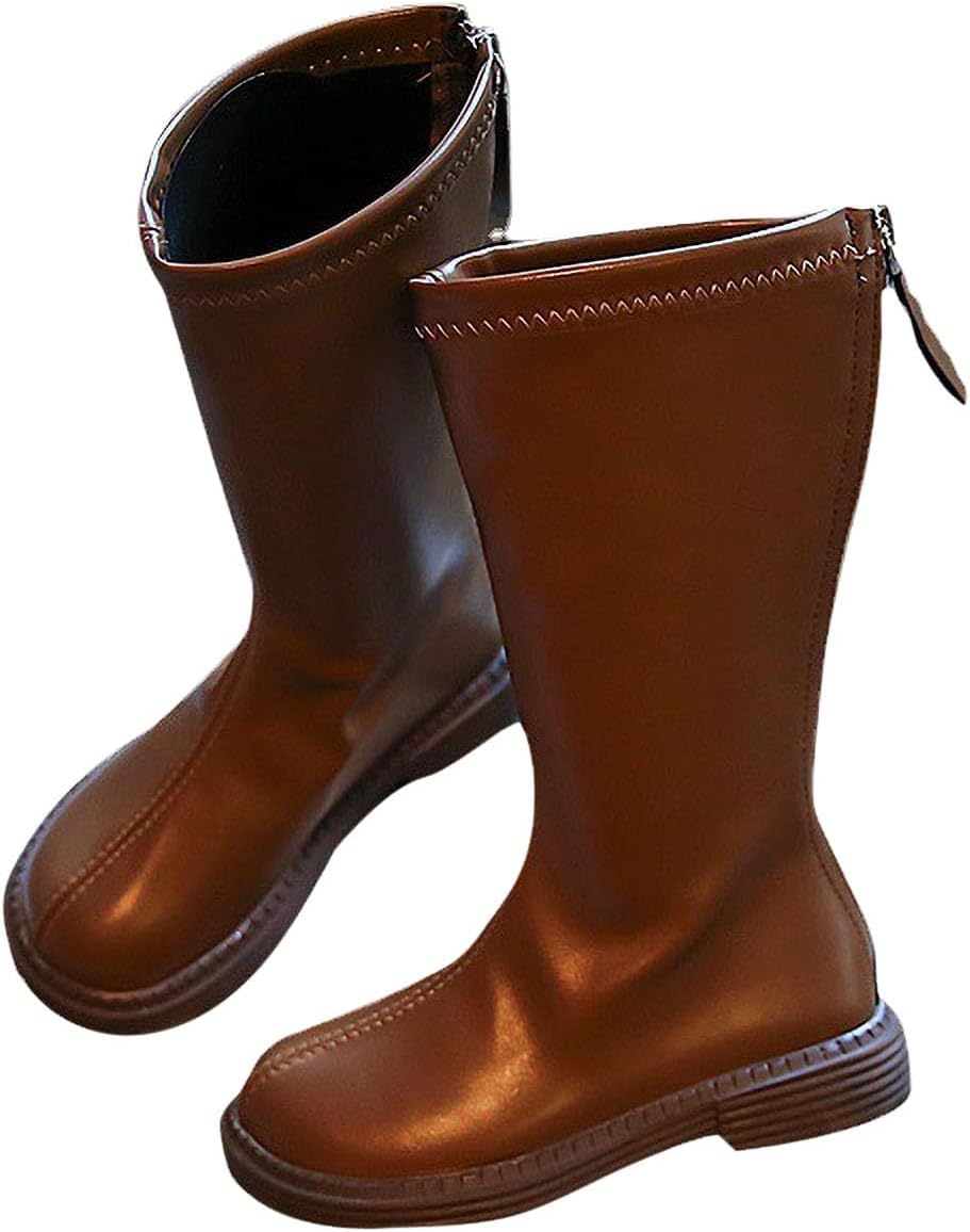 

Прочные ботинки для девочки с молнией сзади, ботинки в стиле милитаре из искусственной кожи до середины голени, осенне-зимние для маленьких и больших детей Generic, Brown