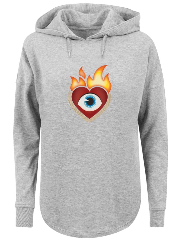

Пуловер emoji couture Oversized Hoodie Heart on flames eye and golden beads, серый