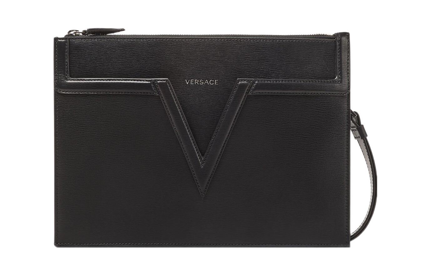 

VERSACE Клатч из телячьей кожи Grain черный мужской