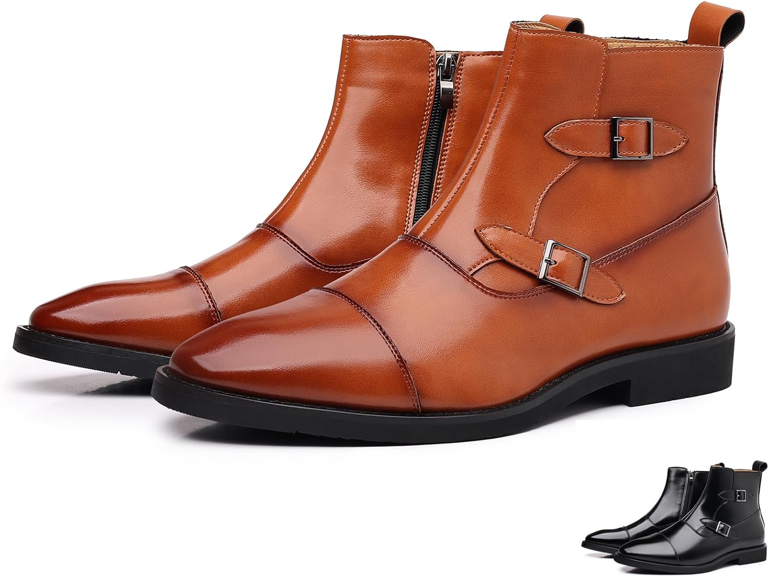 

Мужские кожаные ботинки OXNEUHG Chelsea с боковой молнией и пряжкой, модные классические с острым носком, высокие формальные оксфорды, повседневные деловые ботинки Чакка, коричневый