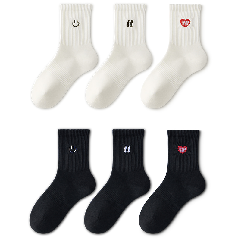 

Носки Crew Unisex, набор из 5 пар MIANZHUWU, [romantic embroidery]6 pack (белый base smiley face+белый base heart+белый base eyes+черный sole smiley face+черный sole heart+черный sole eyes)