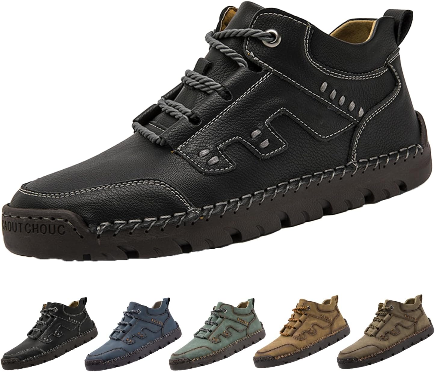 

Мужские походные повседневные кожаные туфли, винтажные удобные с ручной строчкой, шнуровкой, водонепроницаемые, противоскользящие кроссовки для треккинга Hneowgn, черный