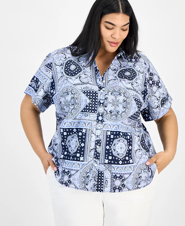 

Кембриджская рубашка с принтом в стиле пэчворк из хлопка, размер plus size Tommy Hilfiger, синий