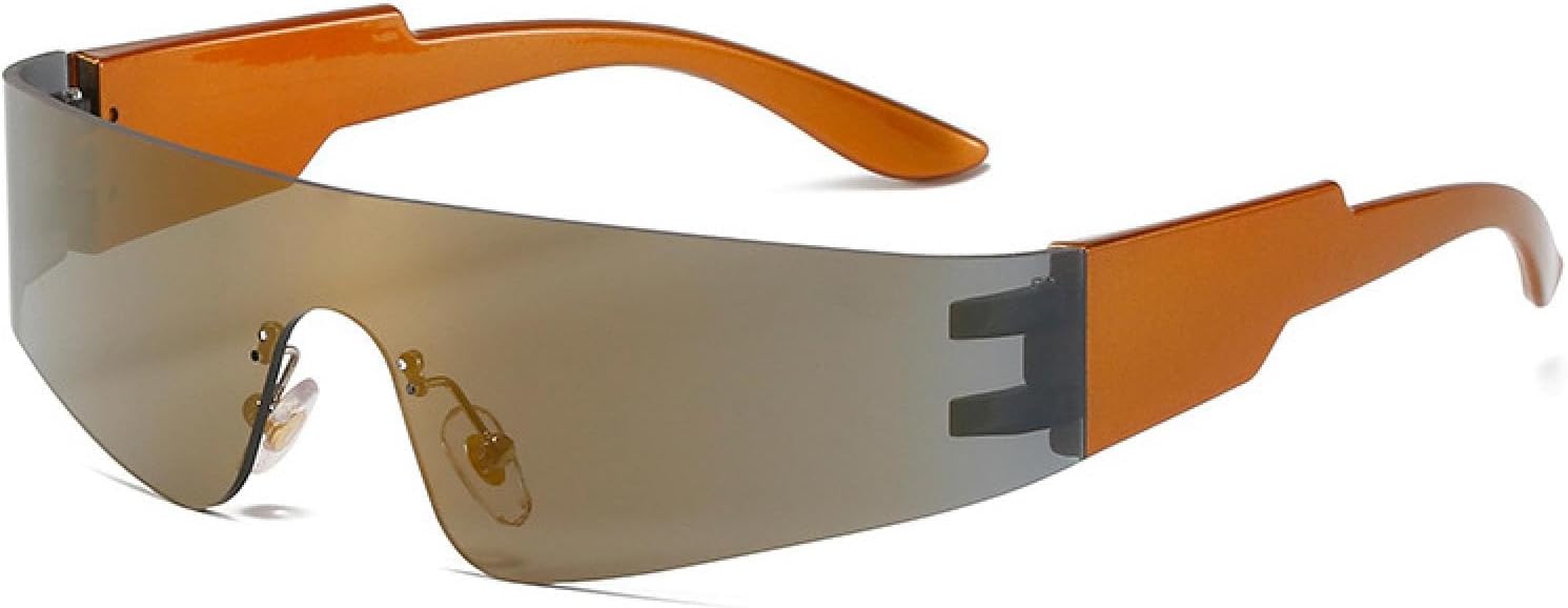 

Ретро-панк солнцезащитные очки без оправы для женщин, модные, с яркими зеркальными линзами, защита от УФ-излучения UV400, для мужчин, цельные спортивные очки для вождения VVTWSSW, Tea Golden Mirror