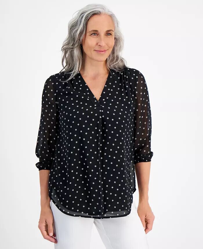 

Миниатюрная блузка Kelly с V-образным вырезом и рукавами 3/4 с принтом Jones New York, мультиколор