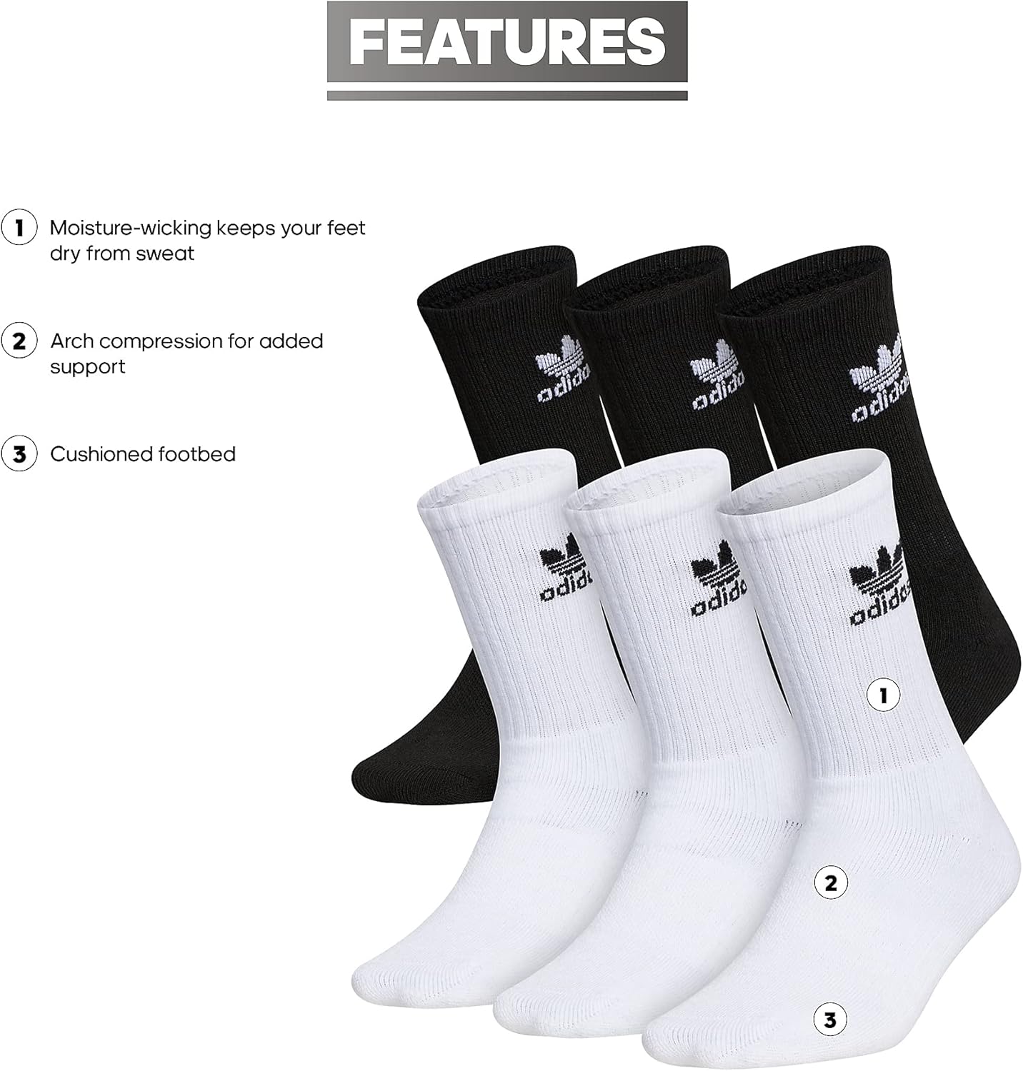 Детские спортивные носки Adidas Originals Unisex с мягкой подошвой, размер OG (6 пар), прочные, дышащие, White/Black/Og — фото 2