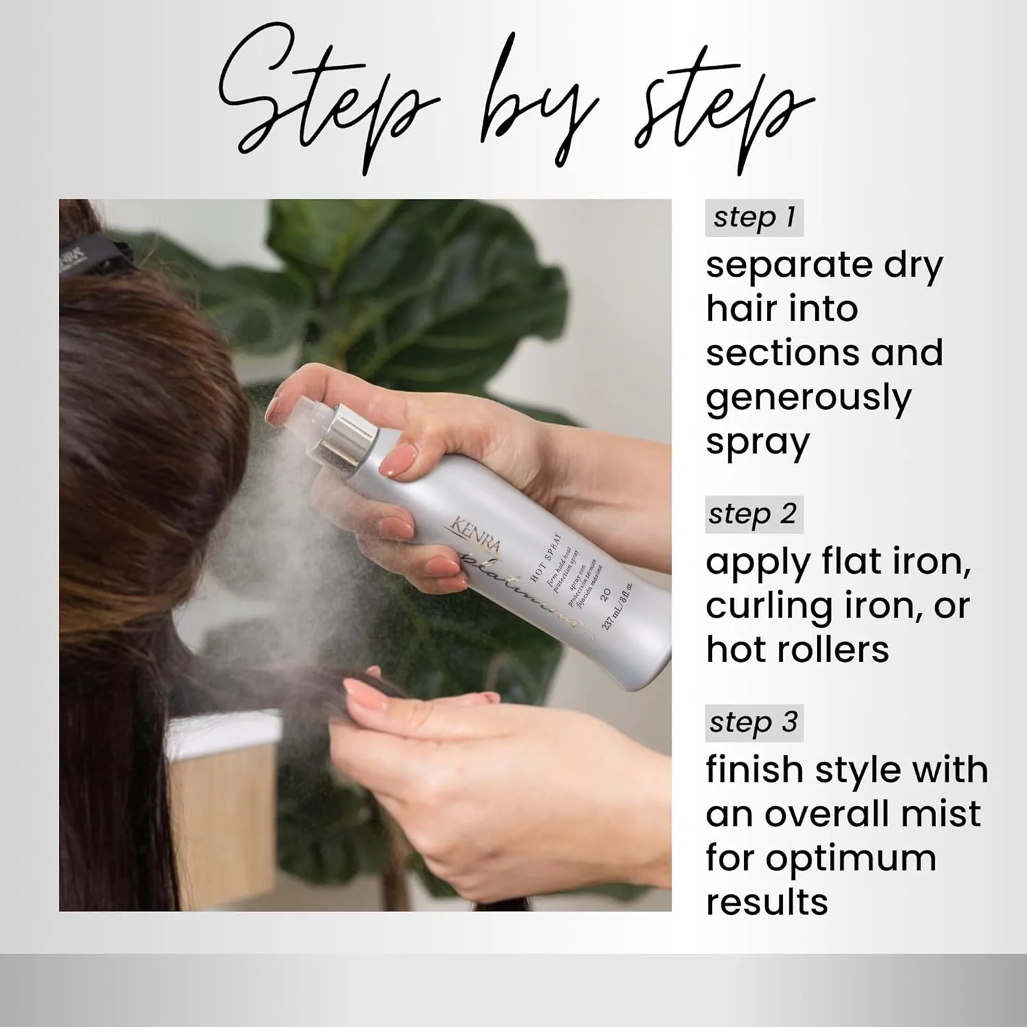 Kenra Platinum Hot Spray 20 - термозащитный спрей для укладки, стойкая фиксация, блеск, защита от влаги и высоких температур, для всех типов волос 237 мл (2 шт.) — фото 4