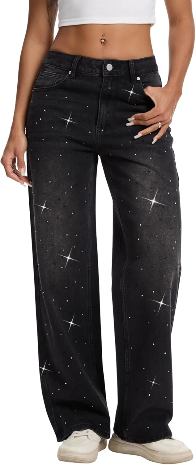 

Женские джинсы Wide Leg с пайетками Vintage Wash для вечеринок Wanduyini