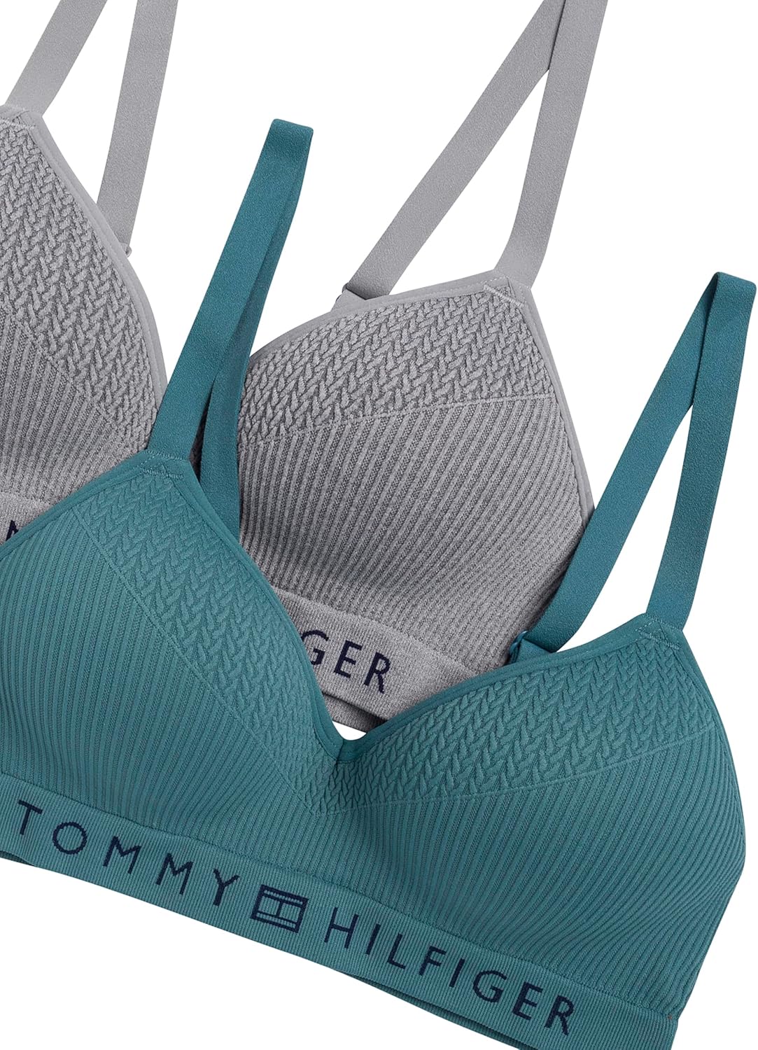 Женский бесшовный бюстгальтер Tommy Hilfiger с подкладкой, без косточек, в рубчик, комплект из 2 шт., Hydro/Heather Grey — фото 2