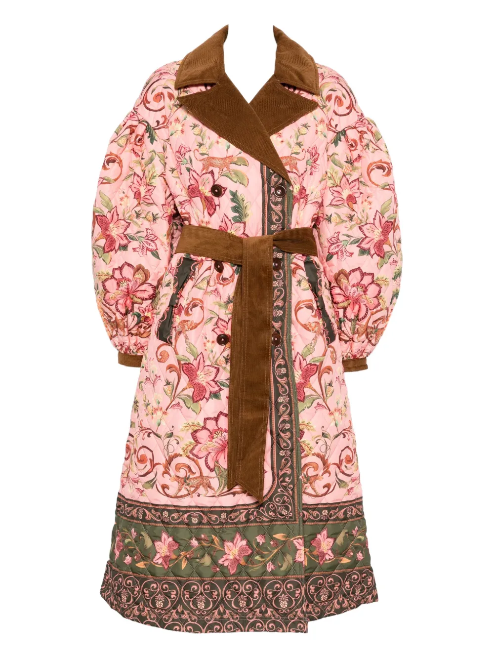 

Стеганое двубортное пальто с цветочным принтом и поясом Barbour, розовый