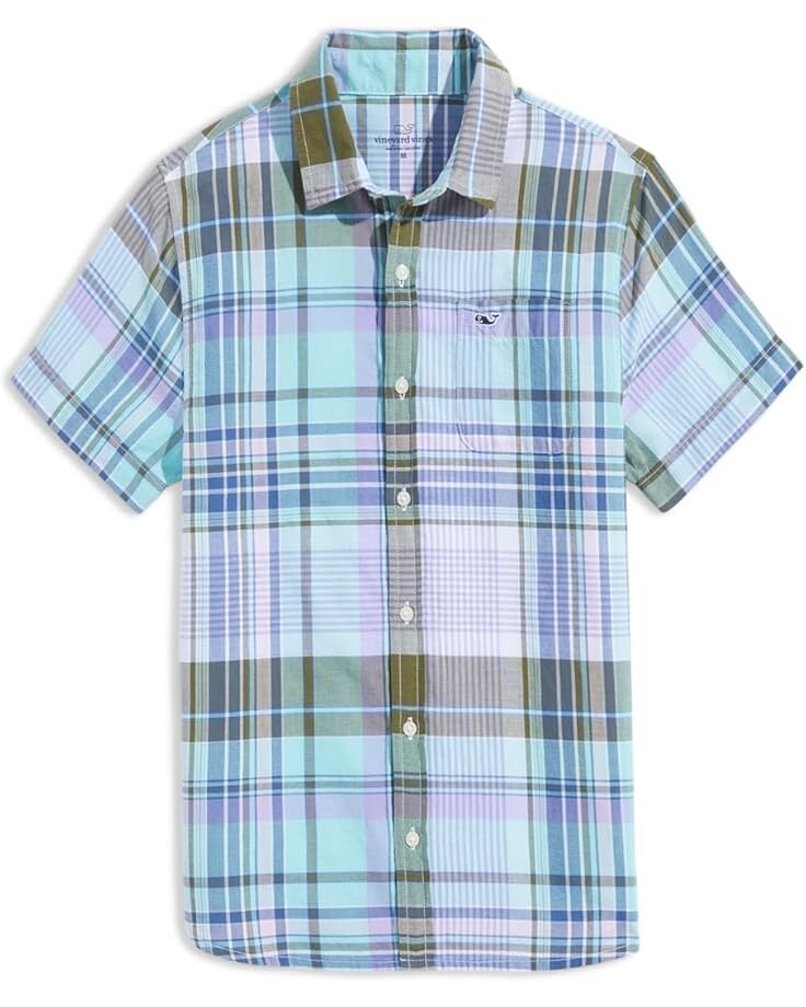 

Рубашка Vineyard Vines Kids Madras Short-Sleeve Shirt, цвет Andros Blue Madras