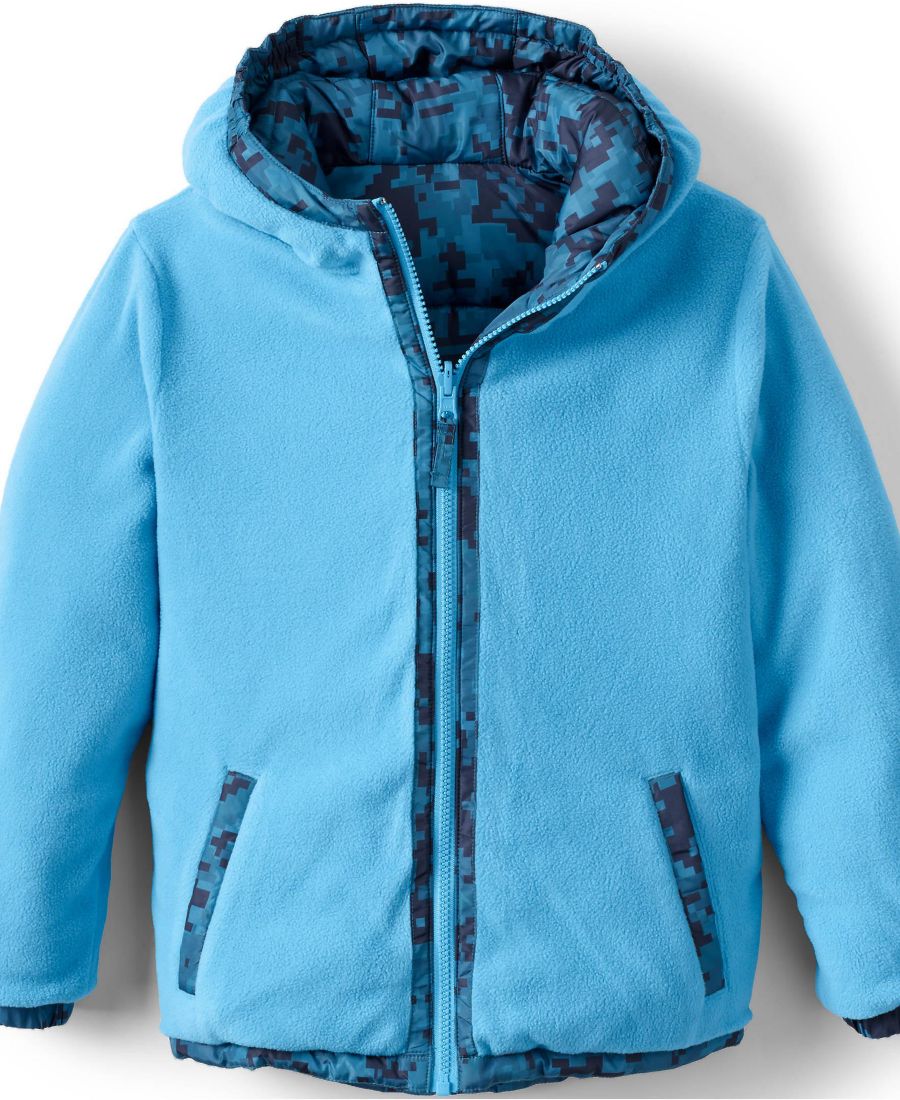 Двусторонняя флисовая куртка-пуховик с капюшоном для мальчиков Lands' End, Blue camo/light blue — фото 2
