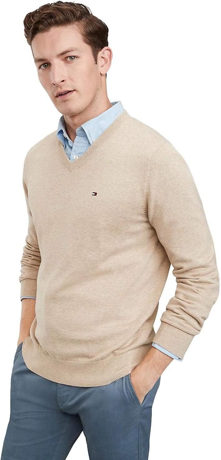 

Мужской культовый хлопковый свитер с V-образным вырезом TOMMY HILFIGER из коллекции 2025 года, Tan Heather.