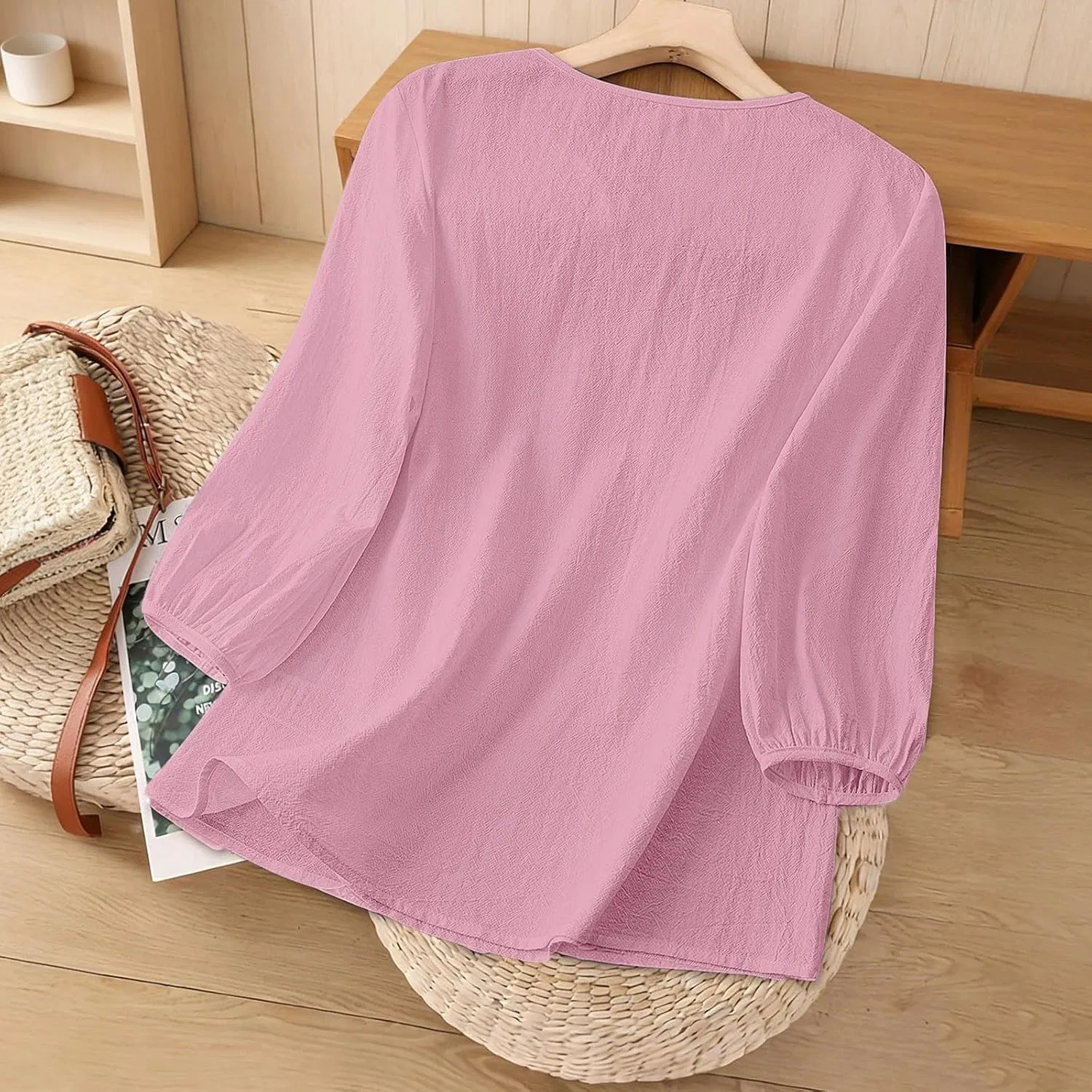 Generic Женская вышитая льняная туника, летняя рубашка с рукавом 3/4 и V-образным вырезом, нарядная повседневная блузка для пляжного отдыха, Pink#02 — фото 3