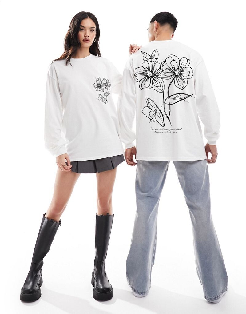 

Белая футболка с длинными рукавами PRNT x ASOS Floral line art