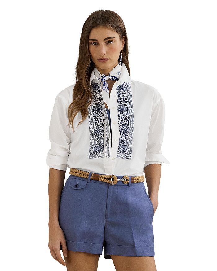 

Геометрическая вышитая рубашка из хлопкового поплина Ralph Lauren, белый