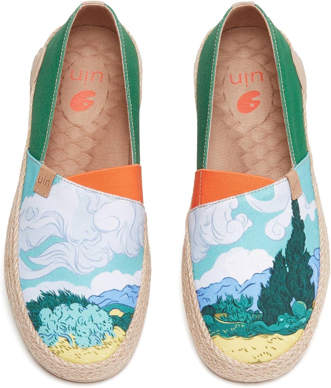 

Мужские эспадрильи UIN Slip Ons- легкие прогулочные повседневные лоферы, удобные, с ручной росписью, серия Marbella, Marbella-van Gogh Wheatfield With Cypresses