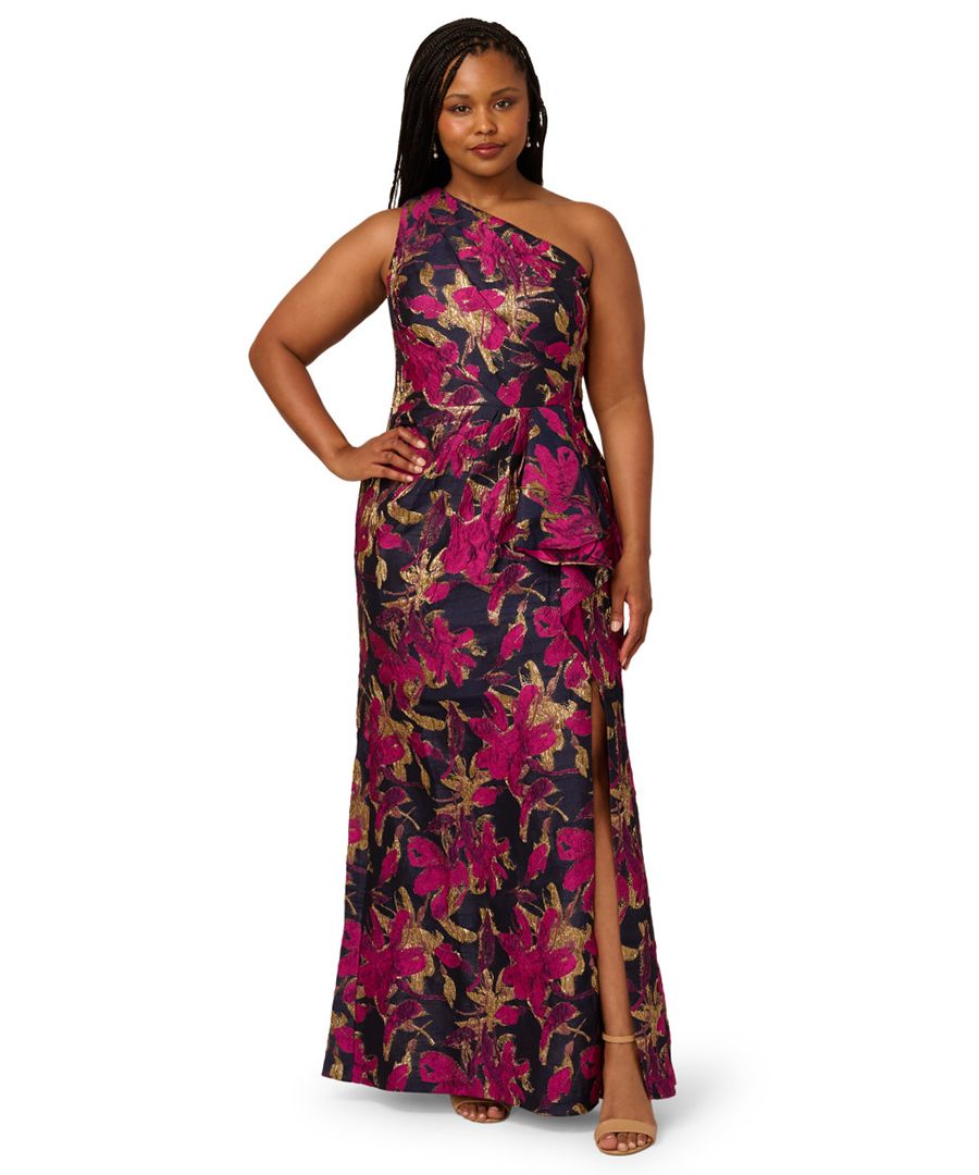 

Длинное платье большого размера из металлизированного жаккарда на одно плечо Adrianna Papell, Navy Pink