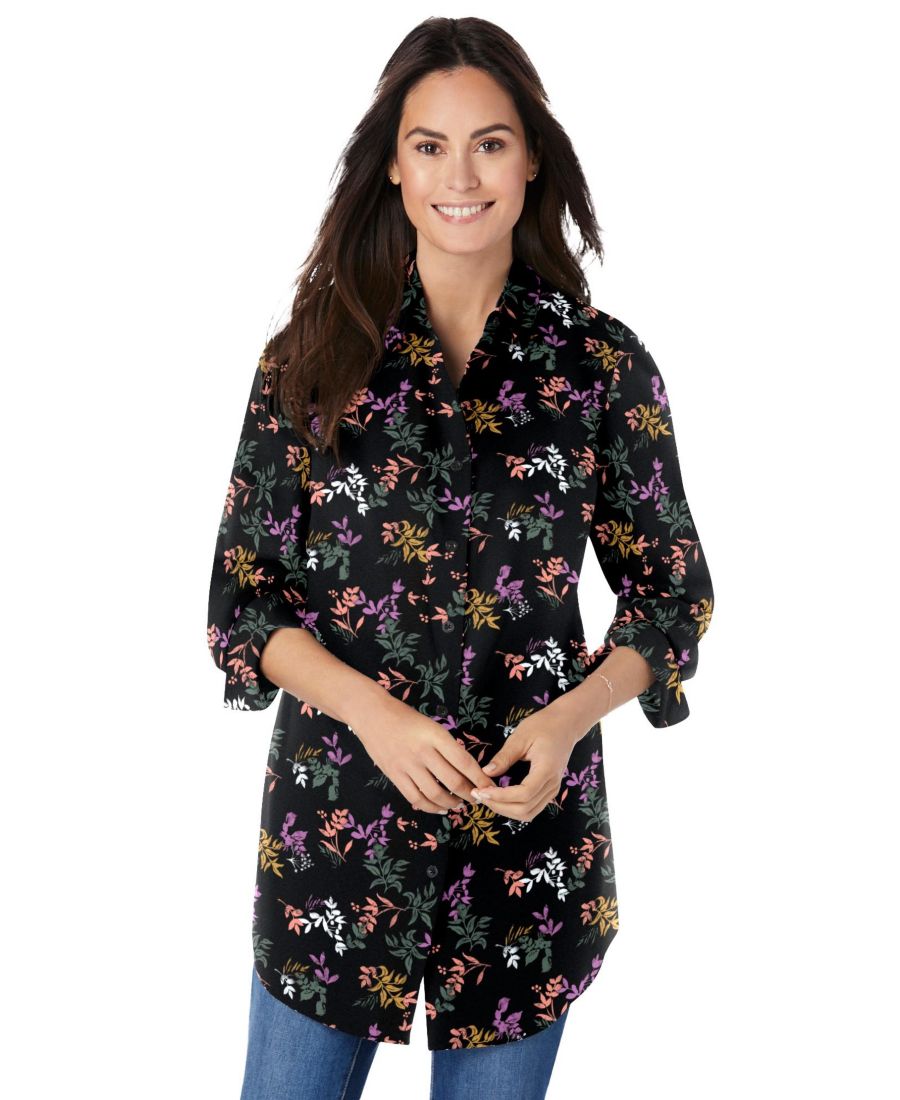 

Рубашка с длинным рукавом идеального размера для полных женщин Woman Within, Black multi leaves