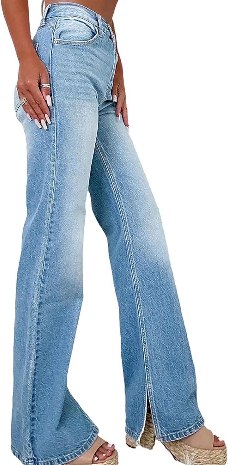 

Женские джинсы с высокой талией и разрезом по бокам QLAUYIOE