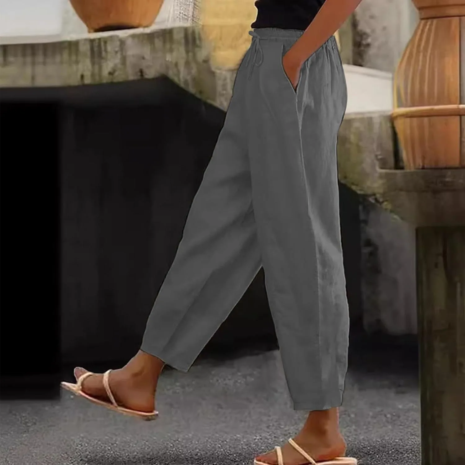 Брюки-палаццо для женщин, льняные пляжные брюки с высокой талией, летние брюки до щиколотки, прямые штанины, повседневные брюки для отдыха с карманами generic, темно-серый — фото 2