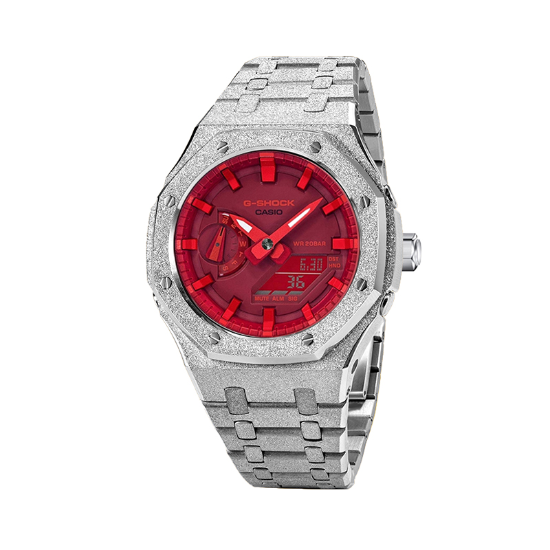 

Casio Часы Retrofit Series GA 2100 4 с электронным механизмом, металлическим ремешком, унисекс, красный циферблат