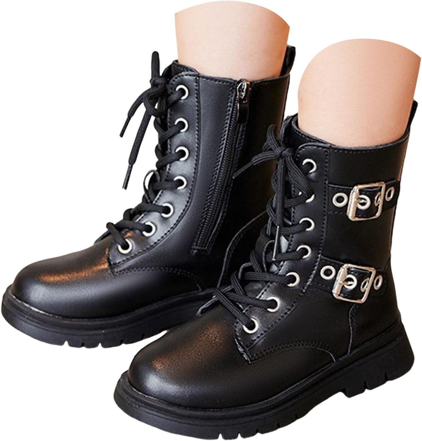 

Детские ботинки на платформе для девочек, средней высоты, для верховой езды, на шнуровке, с пряжками, кожаная боковая молния, в стиле панк-готика Zspzx, черный