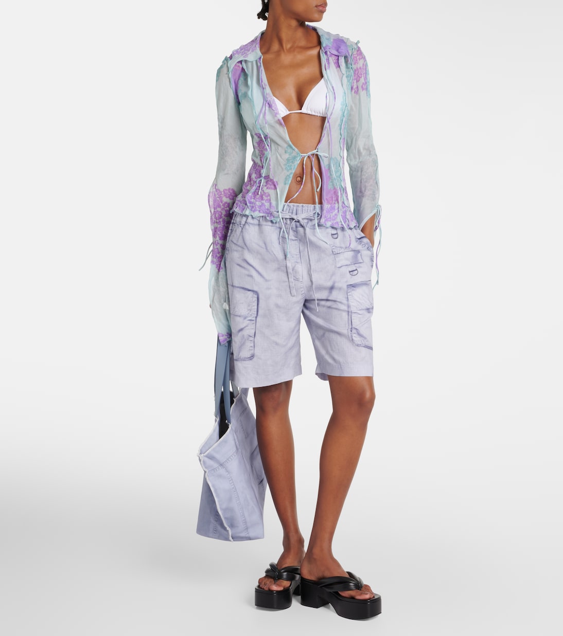 Топ из принтованного хлопка и шелкового шифона Acne Studios, Blue Lilac — фото 2
