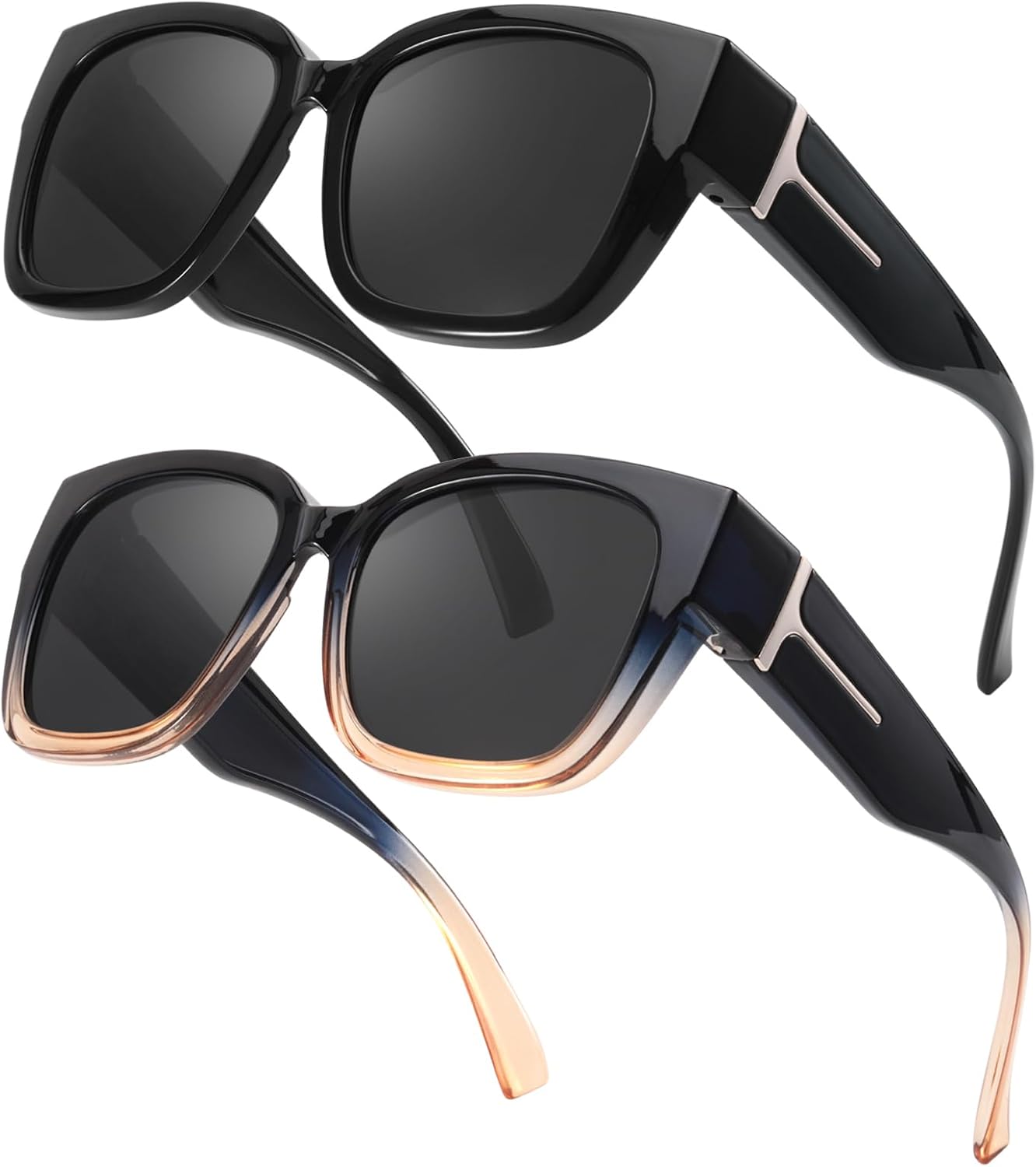 

Солнцезащитные очки TJUTR Oversized Polarized Fit Over Glasses для женщин, большие, стильные квадратные, идеально подходят для вождения, с защитой от УФ-излучения UV400, B02(2 Pack) Black Grey + Blue Brown Grey