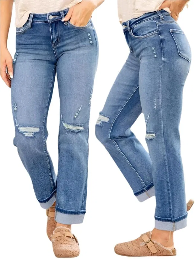 Женские джинсы Stretch Ripped Slim Fit - эластичные прямые джинсы с карманами в темной или средней промывке Generic, Medium Wash