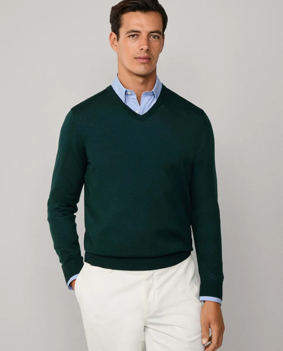 

Мужской свитер из мериносовой шерсти с шелком с V-образным вырезом Hackett, темно-зеленый