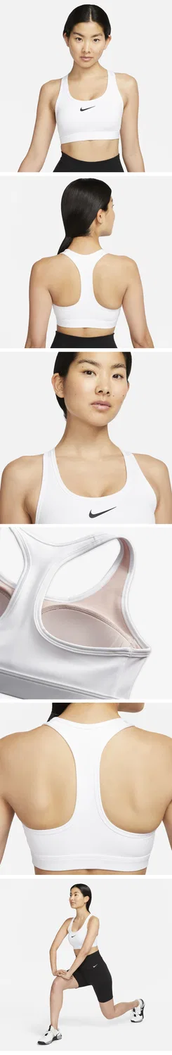 Женский спортивный бюстгальтер Swoosh со средней поддержкой и вкладышами, бело-лилово-чёрный, от Nike — фото 3