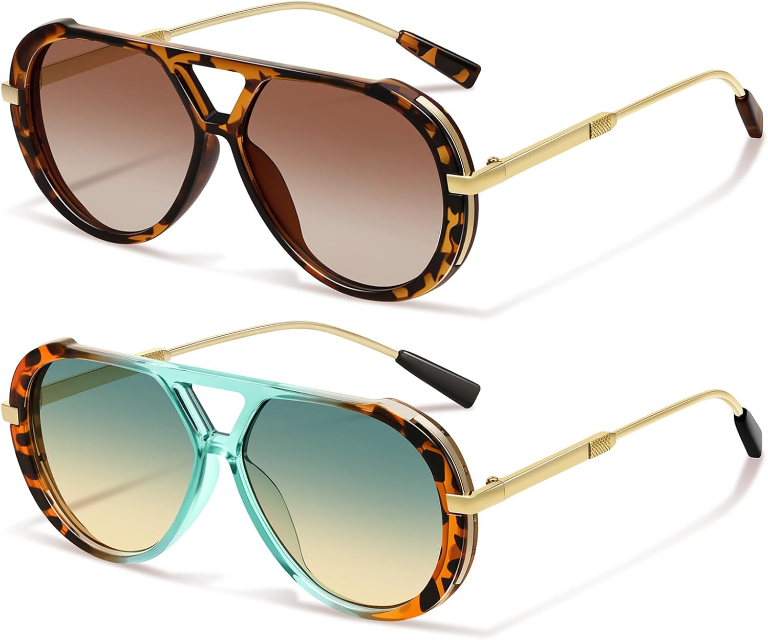 

Ретро-солнцезащитные очки-авиаторы золотистого цвета для женщин и мужчин, большая оправа, модный винтажный стиль 70-х, защита от УФ-излучения YMRFW, 2pack (Green/Yellow+tortoise/Gradient Tea)
