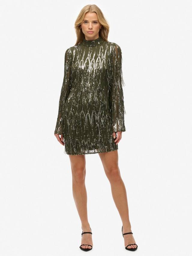 

Мини-платье с бахромой и пайетками Superdry, Dusty Olive Green