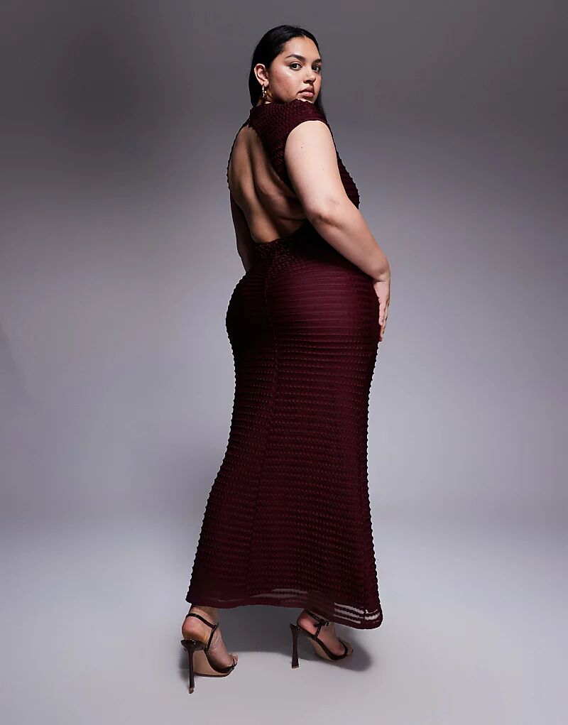 

Платье макси ASOS DESIGN Curve с фактурными рукавами и короткими рукавами вишневого цвета