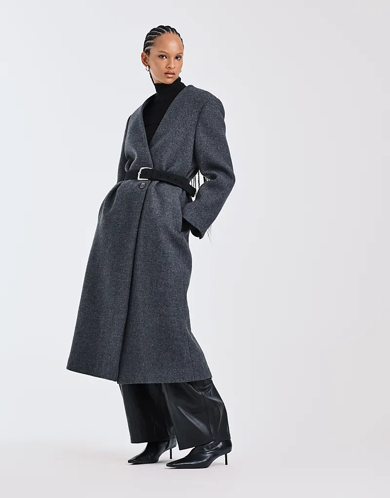 

Пальто без воротника из высококачественной шерстяной смеси ASOS DESIGN темно-серого цвета