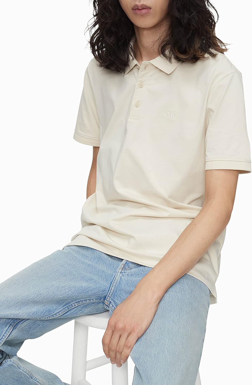 Мужская рубашка-поло Calvin Klein из гладкого хлопка с монограммой и логотипом, Bone White — фото 4