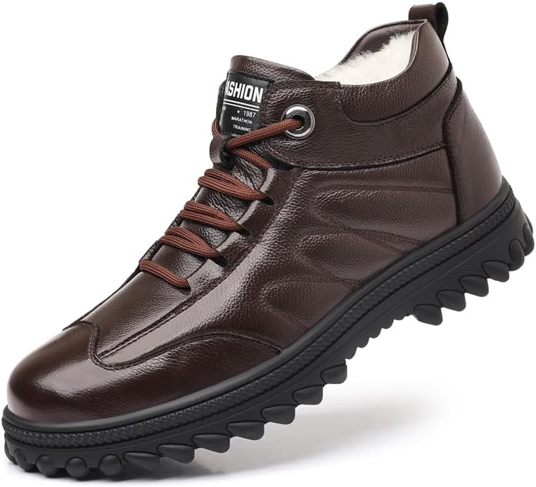 

Мужская зимняя обувь с флисовой подкладкой, из теплой кожи с хлопком, повседневные высокие ботинки Lhyxu, коричневый