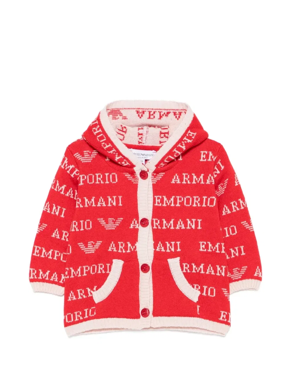 Вязаный кардиган с капюшоном, украшенный логотипом Emporio Armani Kids, красный