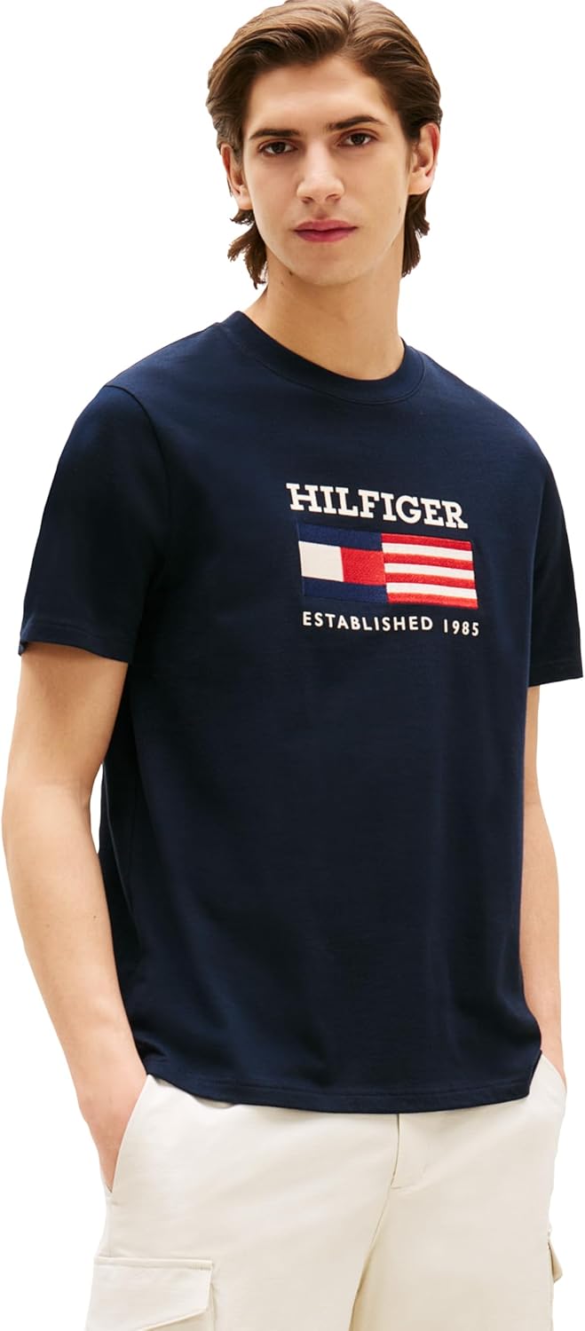 

Мужские хлопковые футболки Tommy Hilfiger с коротким рукавом и вышитым логотипом-флажком, Desert Sky
